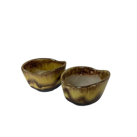 Set Of 2 West Germany Pottery Bowls Brown & Yellow Drip Glaze Vintage Mid-Centur - Picture 1 of 4